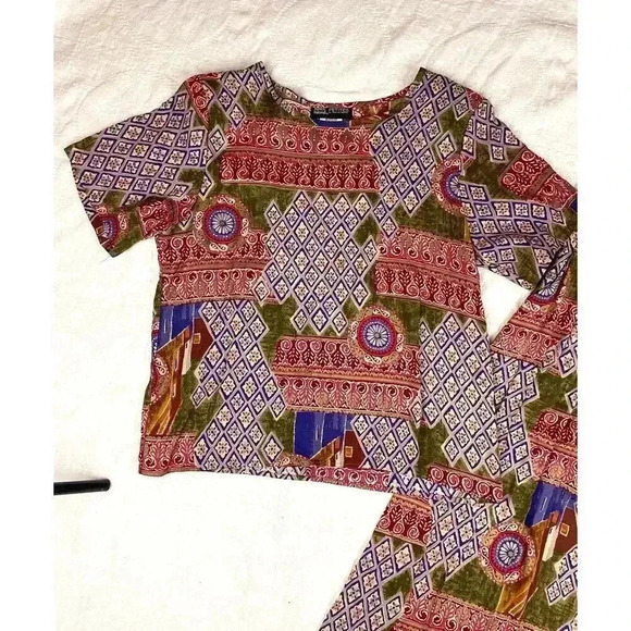 90's Black Island 2 PC Blouse Skirt Set Petite M Retro Pattern Elastic VTG - Picture 15 of 15